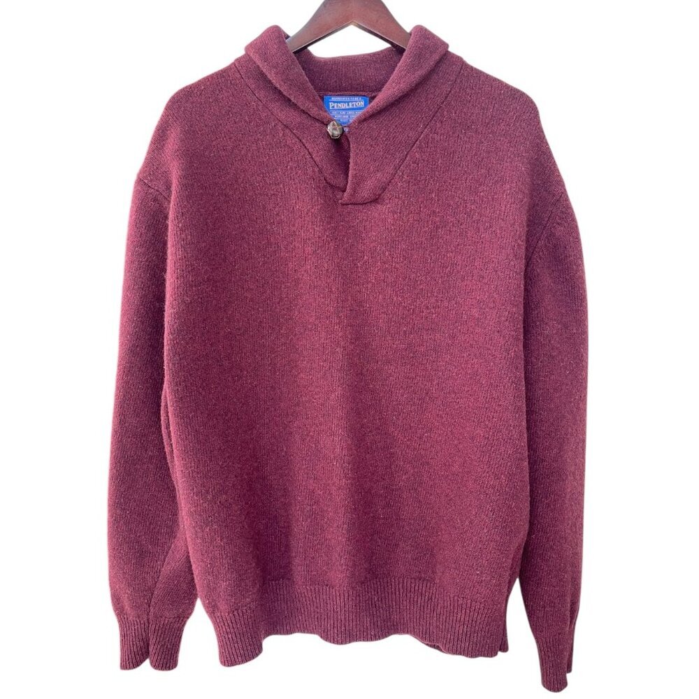 Pendleton Shawl Collar Sweater Mens Burgundy Lambswool Pullover Fisherman XL